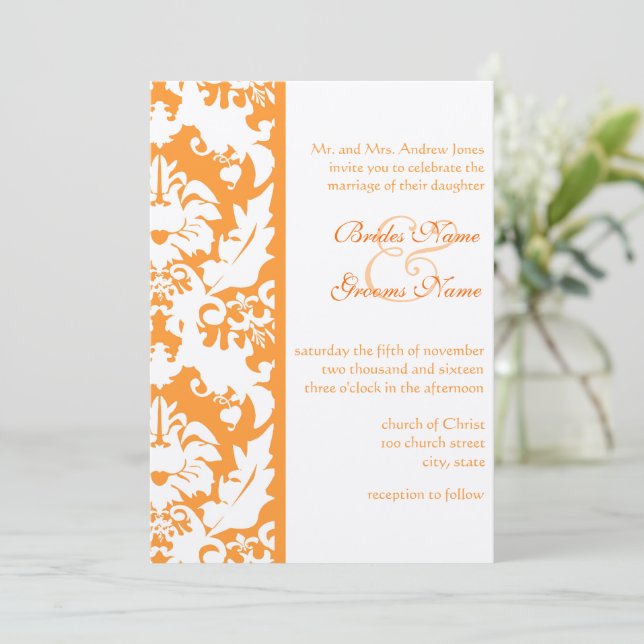 Invitaciones a la boda de Damask naranja (Anverso de pie)