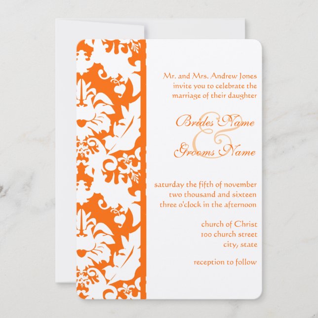 Invitaciones a la boda de Damask Naranja brillante (Anverso)