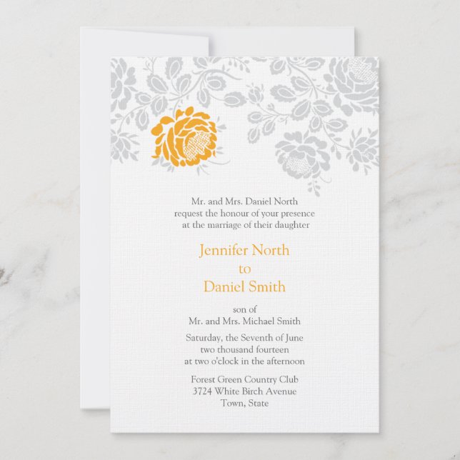 Invitaciones a la boda de Damask Naranja y Gris (Anverso)