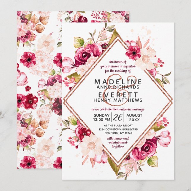 Invitaciones a la Boda de Diamantes de Oro Floral  (Anverso / Reverso)