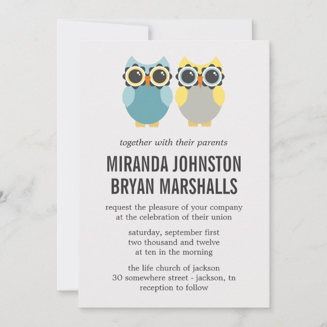 Invitaciones a la boda de diseño de lechuzas azule (Anverso)