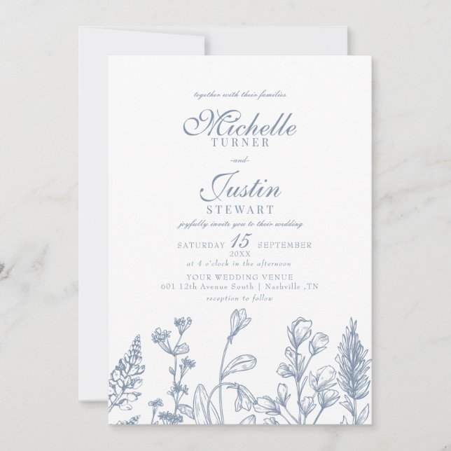 Invitaciones a la boda de Dusty Blue Floral (Anverso)