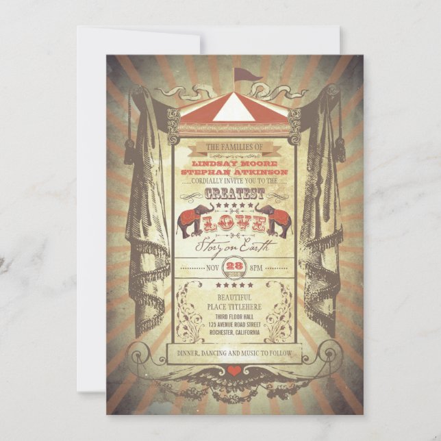 Invitaciones a la boda de elefantes en circo de ca (Anverso)