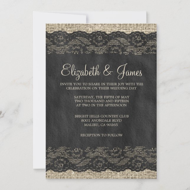 Invitaciones a la boda de encaje ruso negro (Anverso)