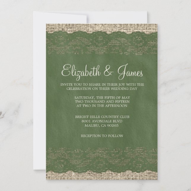 Invitaciones a la boda de encaje ruso verde (Anverso)