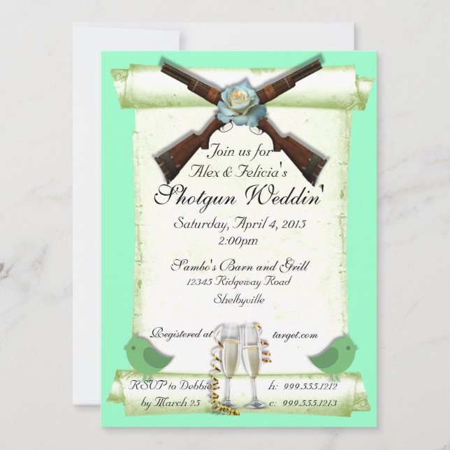 Invitaciones a la boda de escopeta en verde menta (Anverso)