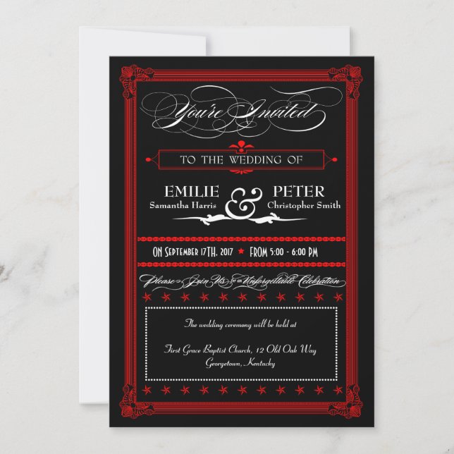 Invitaciones a la boda de estilo Poster rojo y neg (Anverso)