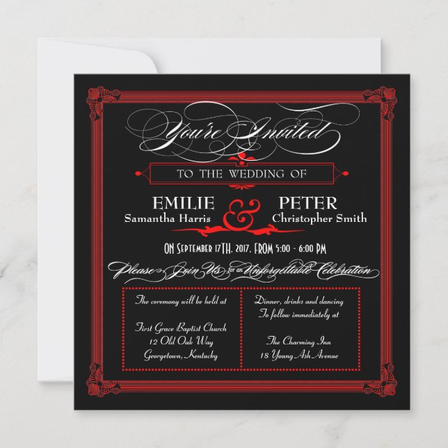 Invitaciones a la boda de estilo Poster rojo y neg (Anverso)
