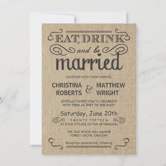 Invitaciones a la boda de estilo rústico Burlap (Anverso)