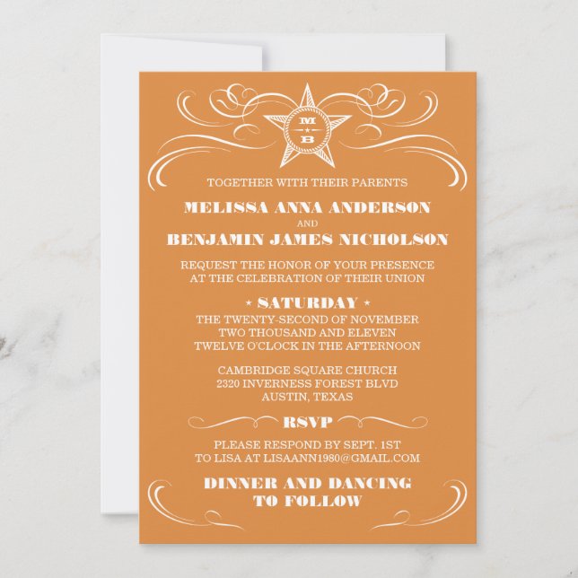 Invitaciones a la boda de estilo sur de Naranja qu (Anverso)