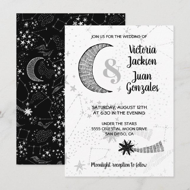 Invitaciones a la boda de estrellas celestes y lun (Anverso / Reverso)