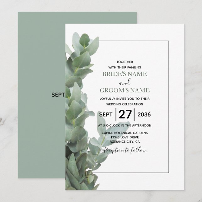 Invitaciones a la boda de eucalipto en dólares pla (Anverso / Reverso)