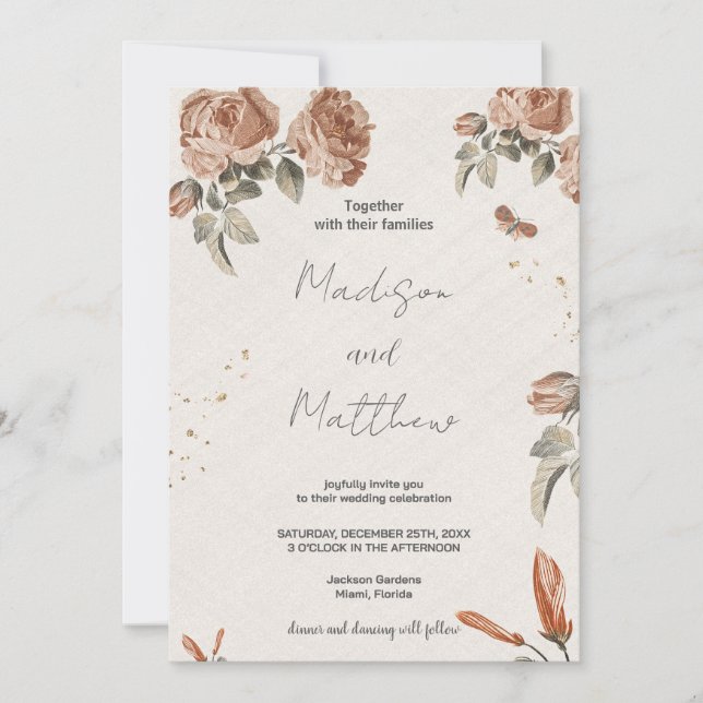 Invitaciones a la boda de flores marrones (Anverso)