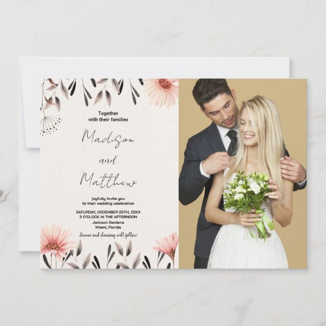 Invitaciones a la boda de flores marrones con foto (Anverso)