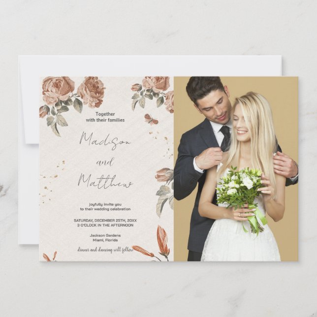 Invitaciones a la boda de flores marrones con foto (Anverso)