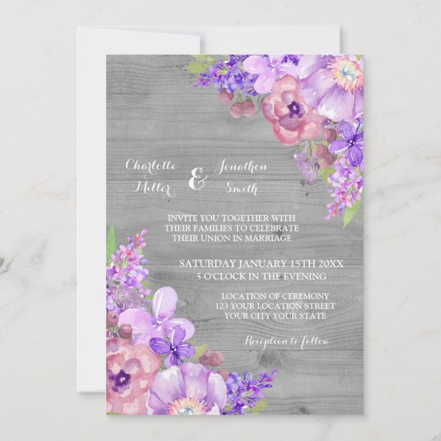 Invitaciones a la boda de flores púrpura de madera (Reverso)