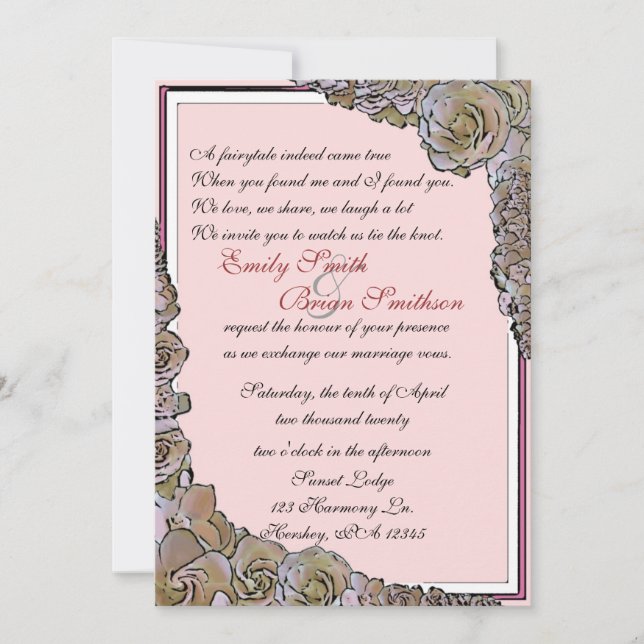 Invitaciones a la boda de flores rosadas de época (Anverso)