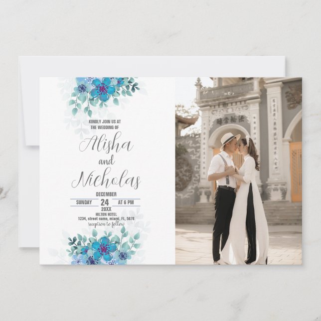 Invitaciones a la boda de Flores Verdes Azules con (Anverso)
