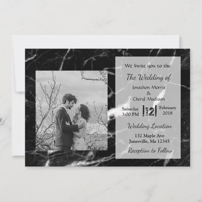 Invitaciones a la boda de fotos de mármol negro (Anverso)