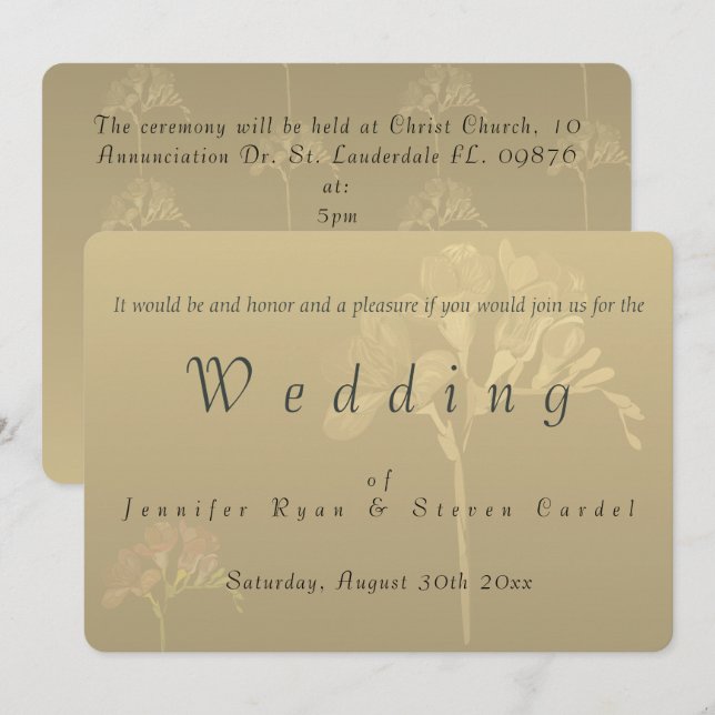 Invitaciones a la boda de Fresia con velo dorado (Anverso / Reverso)