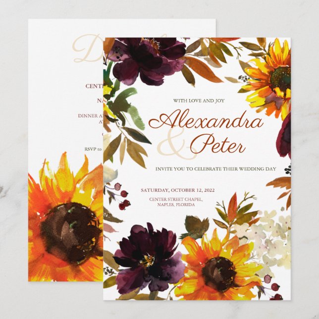 Invitaciones a la Boda de Girasol Borgoña y Oro (Anverso / Reverso)