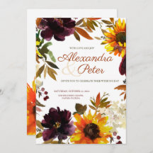 Invitaciones a la Boda de Girasol Borgoña y Oro