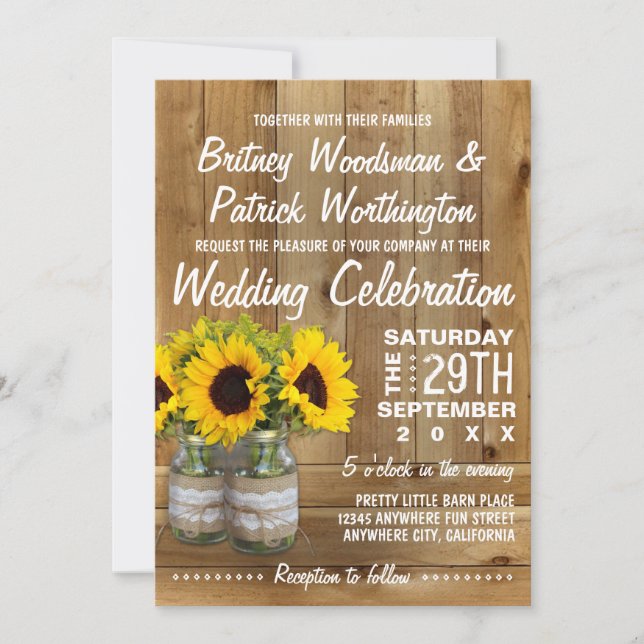 Invitaciones a la boda de girasol de Mason Jar Bur (Anverso)
