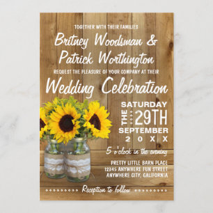Invitaciones a la boda de girasol de Mason Jar Bur
