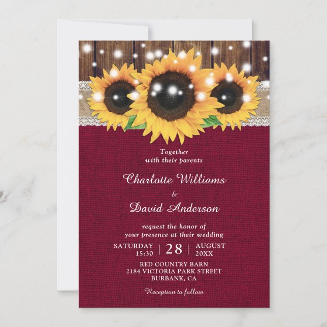 Invitaciones a la boda de girasol ruso en Borgoña (Anverso)