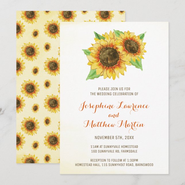 Invitaciones a la boda de girasoles acuarelas (Anverso / Reverso)