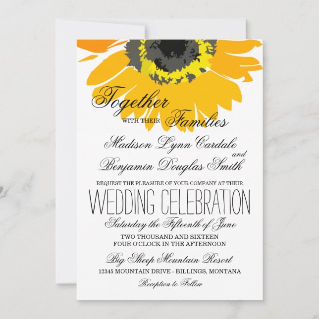 Invitaciones a la boda de girasoles en el campo rú (Anverso)