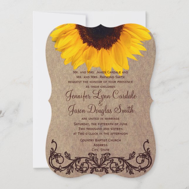 Invitaciones a la boda de girasoles en el campo rú (Anverso)