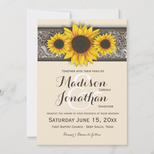 Invitaciones a la boda de girasoles en el país rus (Anverso)