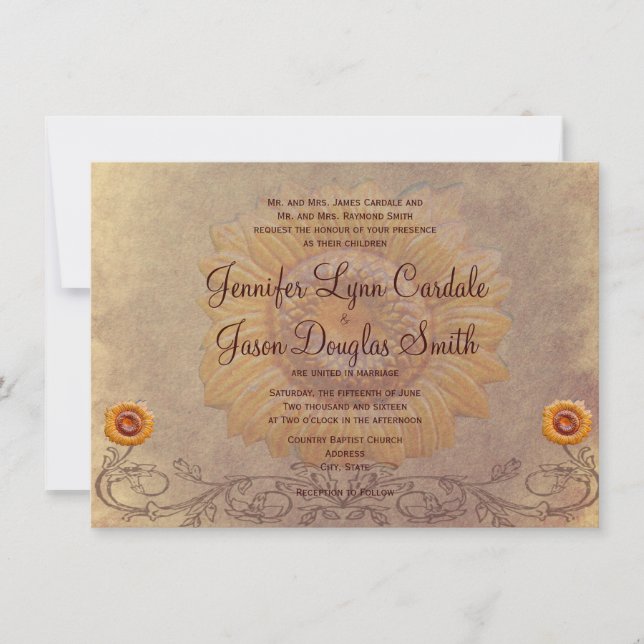 Invitaciones a la boda de girasoles en el país rus (Anverso)