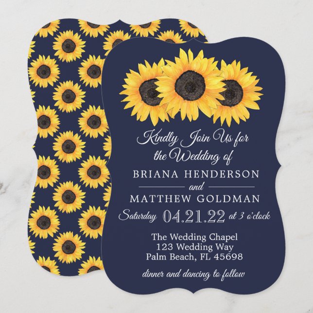 Invitaciones a la boda de girasoles País Azul (Anverso / Reverso)