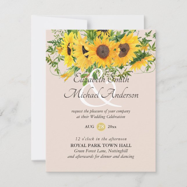 Invitaciones a la boda de girasoles y corales (Anverso)