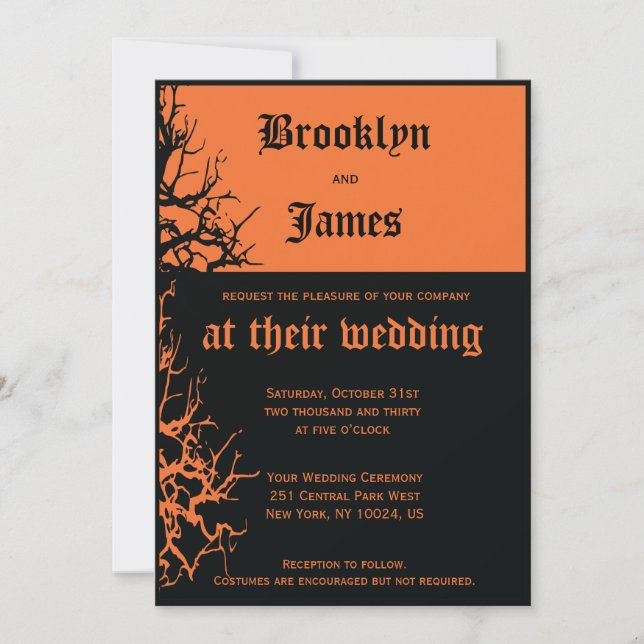 Invitaciones a la boda de Halloween de negros y Na (Anverso)