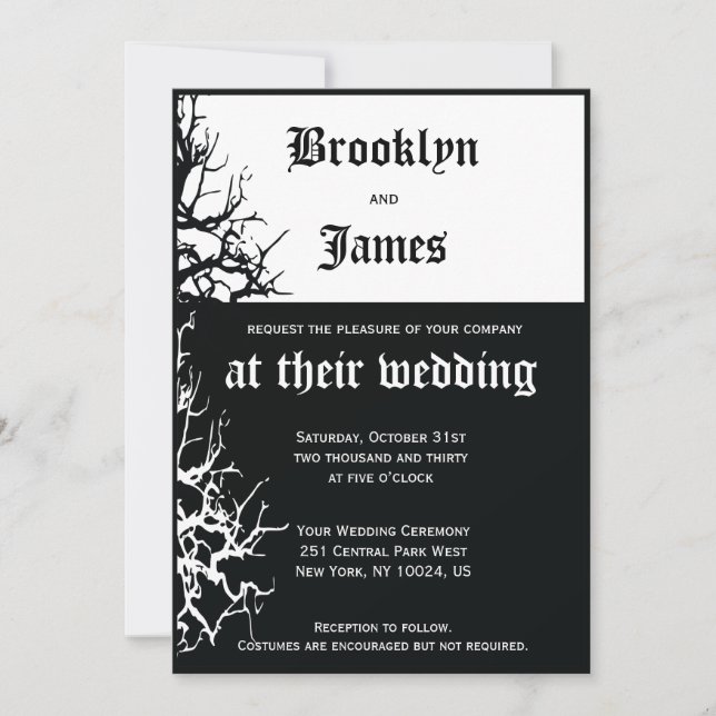 Invitaciones a la boda de Halloween en blanco y ne (Anverso)