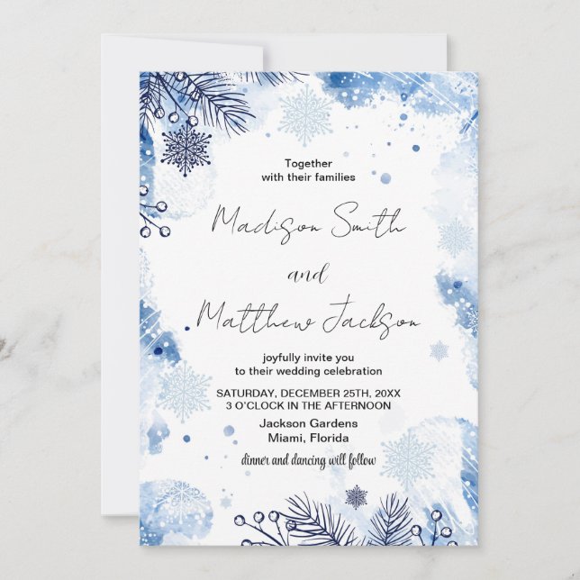 Invitaciones a la boda de invierno azul oscuro (Anverso)