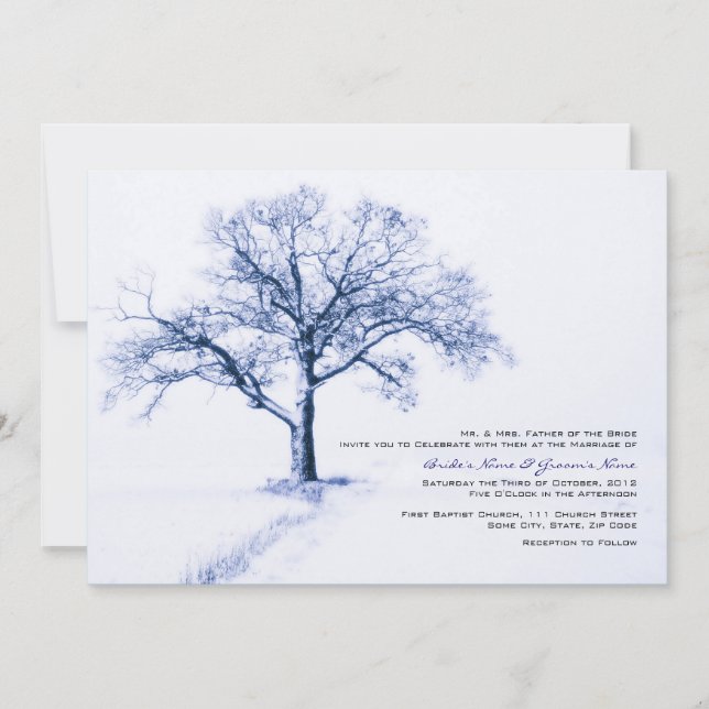 Invitaciones a la boda de invierno azul y blanco (Anverso)