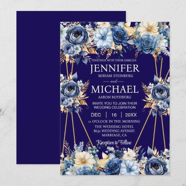 Invitaciones a la Boda de Invierno Azul y Oro de l (Anverso / Reverso)