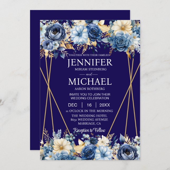 Invitaciones a la Boda de Invierno Azul y Oro de l (Anverso / Reverso)