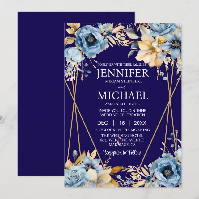 Invitaciones a la Boda de Invierno Azul y Oro de l (Anverso / Reverso)