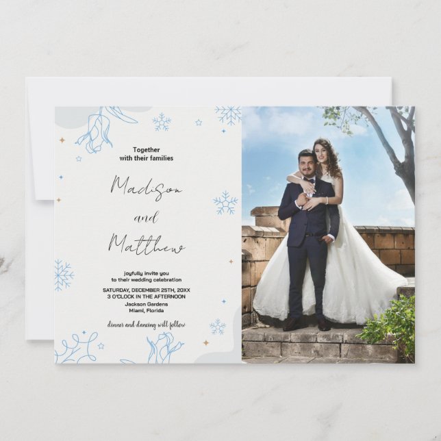Invitaciones a la boda de invierno con nieves azul (Anverso)
