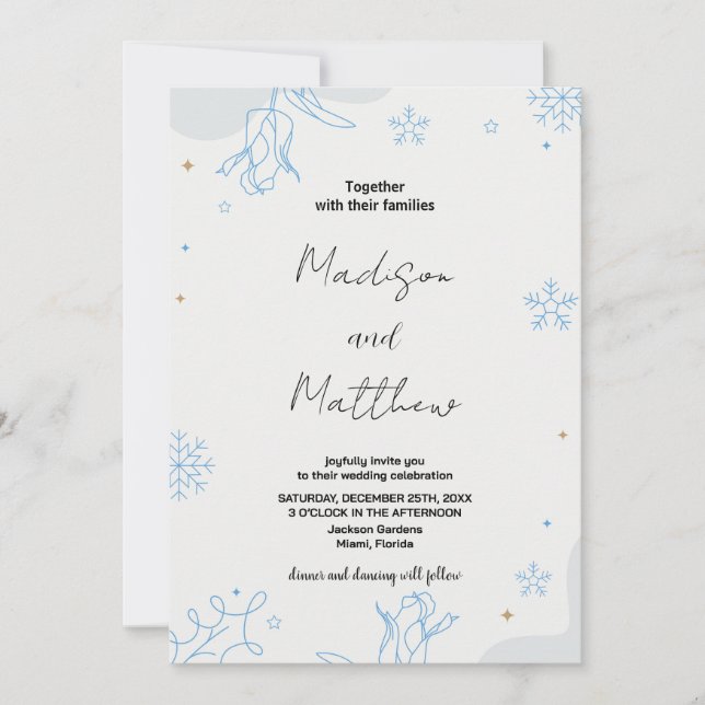 Invitaciones a la boda de invierno con nieves azul (Anverso)