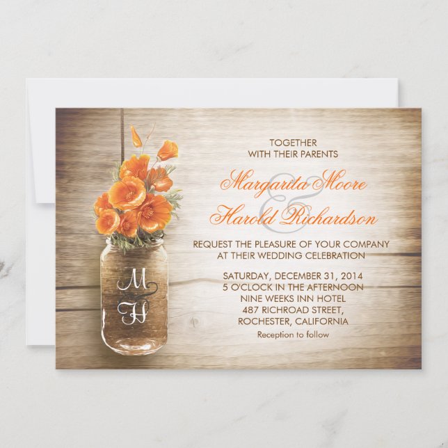 Invitaciones a la boda de jarras y flores naranjas (Anverso)