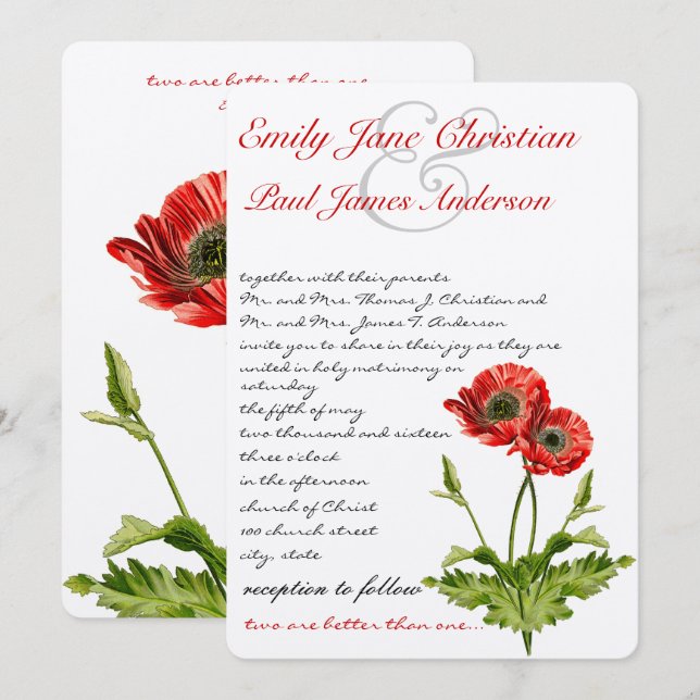 Invitaciones a la boda de la amapola roja cristian (Anverso / Reverso)