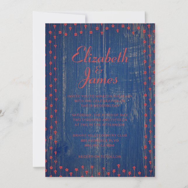 Invitaciones a la boda de la Boda Azul y Roja Rust (Anverso)
