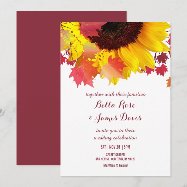 Invitaciones a la boda de la caída del girasol del (Anverso / Reverso)