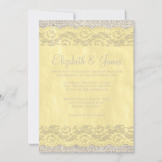 Invitaciones a la boda de la coraza rústica amaril (Anverso)